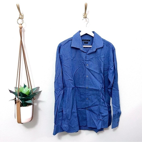 John Varvatos Blue Plaid Button Front Shirt Slim Fit - Picture 1 of 5
